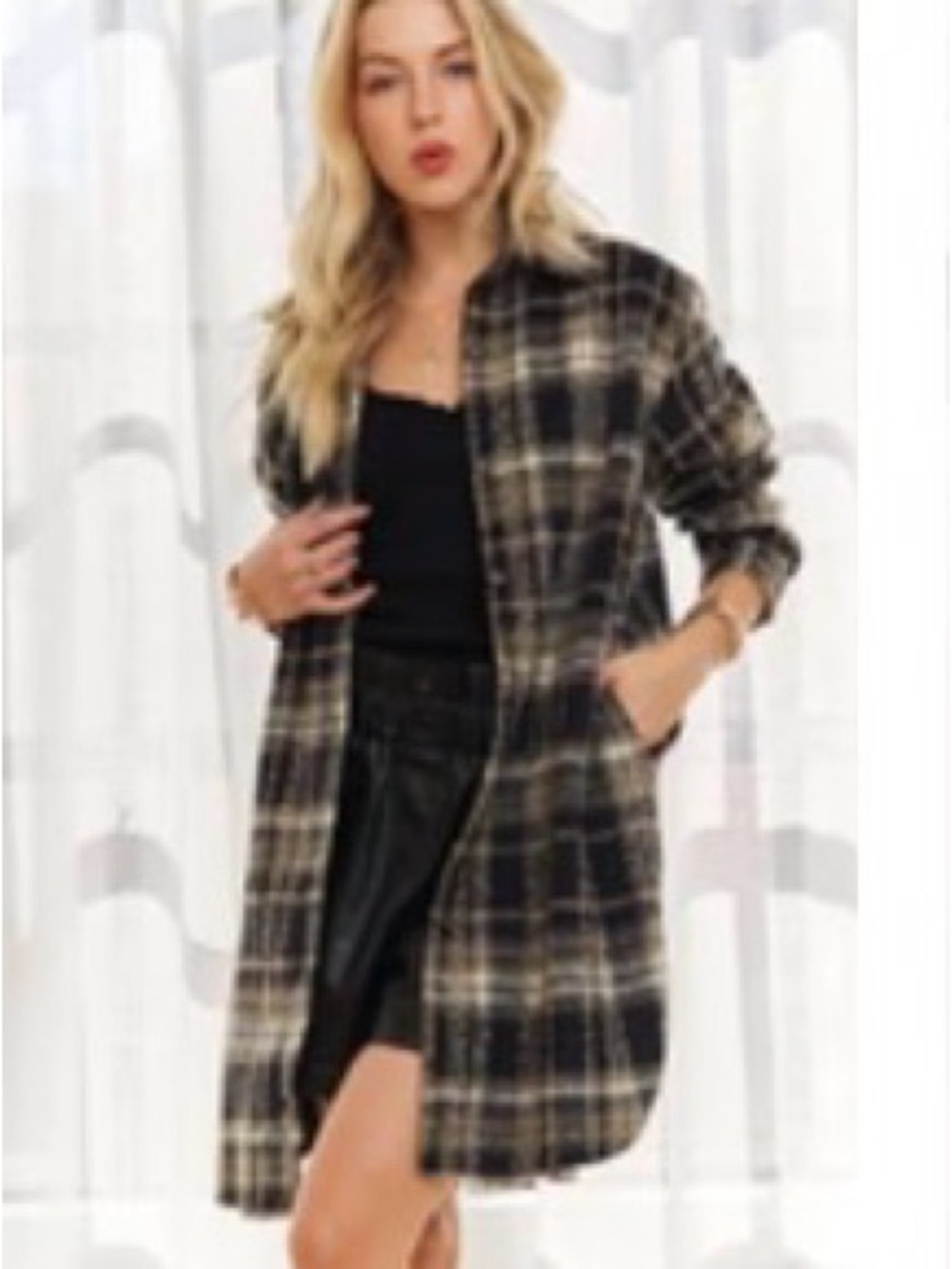 ADORA Plaid Longline Shacket Jacket - Black and Cream
